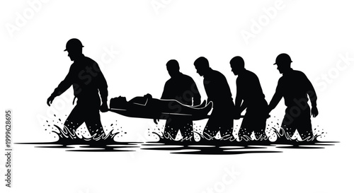Group of people carrying a stretcher through water black silhouette high quality professional detailed modern elegant stylish clean crisp vibrant colorful