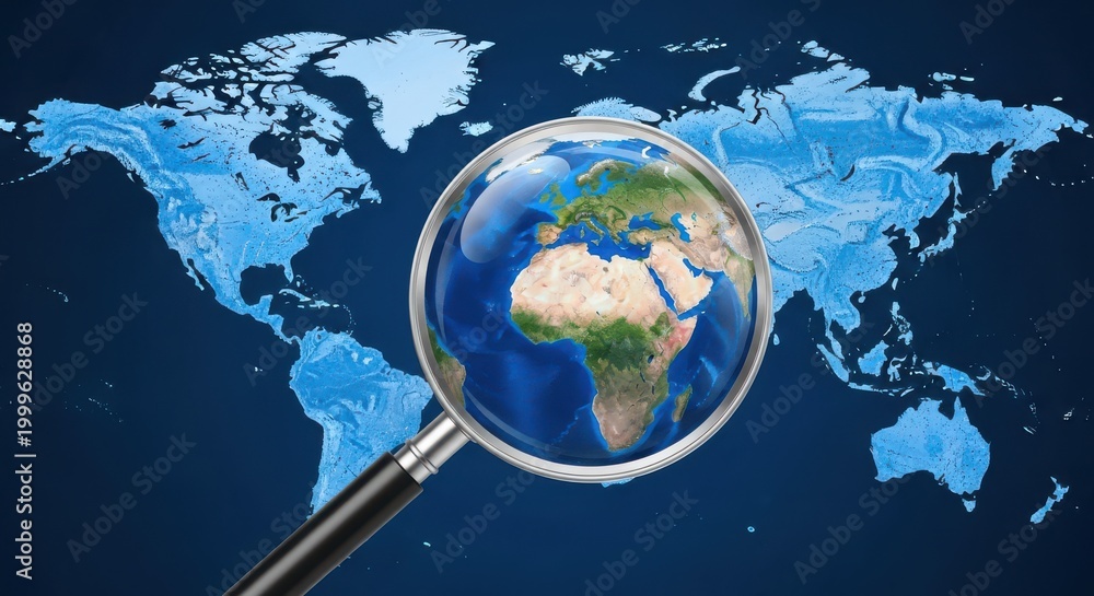 Fototapeta premium Global exploration concept with magnifying glass over world map, searching the globe for international business, blue earth cartography and discovery
