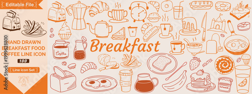 Hand drawn breakfast doodles set. Vector illustration of food and coffee icons in chalk, crayon drawing style for invitations, menus, parties. Minimalist line art. La dolce vita Italian style
