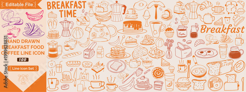 Hand drawn breakfast doodles set. Vector illustration of food and coffee icons in chalk, crayon drawing style for invitations, menus, parties. Minimalist line art. La dolce vita Italian style