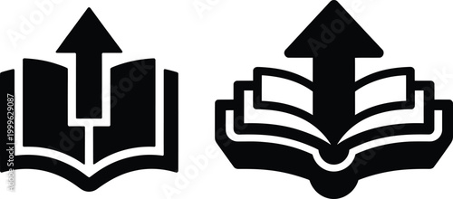 Vector illustrations of an open book with an upward arrow black and white knowledge learning education information progress illustration