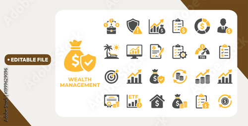 Wealth management and personal finance icon set. Vector symbols for investment strategy, retirement planning, banking, tax optimization, and financial goal tracking.