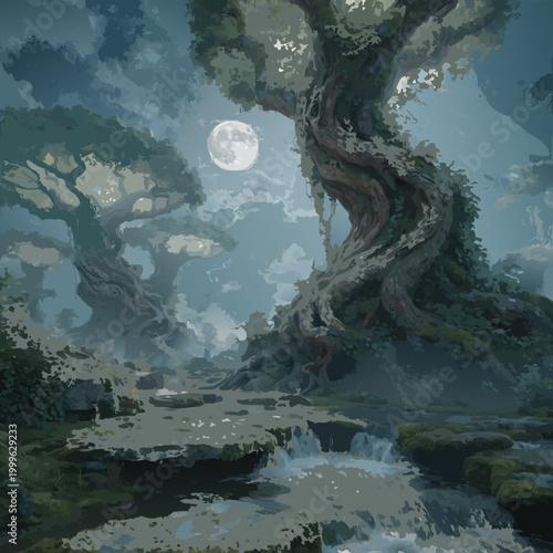 An aerial view of the moonlit river and ocean under a dark blue night sky with bright stars and clouds reflecting on the water