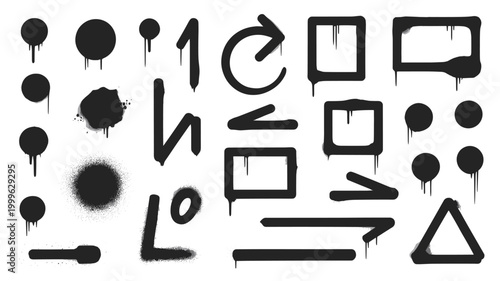 Collection of Black Spray Paint Elements and Shapes on White Background graffiti stencil