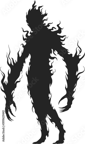 Silhouette of a Fiery, Shadowy Humanoid Figure with Glowing Edges fire flame
