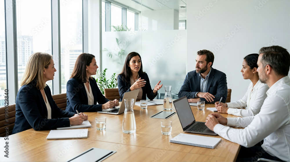 Obraz premium Diverse corporate team having a board meeting in a modern office. Female executive leading a strategic discussion at a conference table. Business leadership and teamwork concept