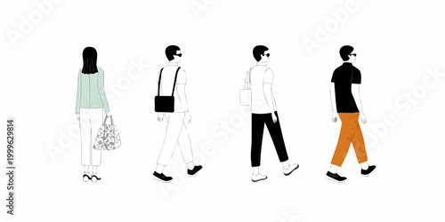 vector illustration of four people walking in casual outfits