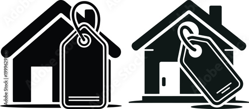 Vector icons of houses with price tags attached real estate price tag black and white property illustration monochrome building architecture