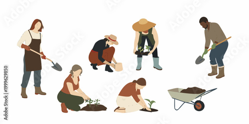 group of gardeners working in a garden flat vector illustration