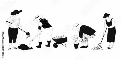 Gardening figures silhouettes vector illustration of people working in garden