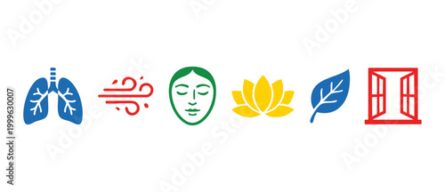 Wellness Icons Set: Lungs, Air, Meditation Face, Lotus Flower, Leaf, and Open Window. Vector symbols illustrating respiratory health, mindfulness, clean indoor air quality, and holistic natural healin