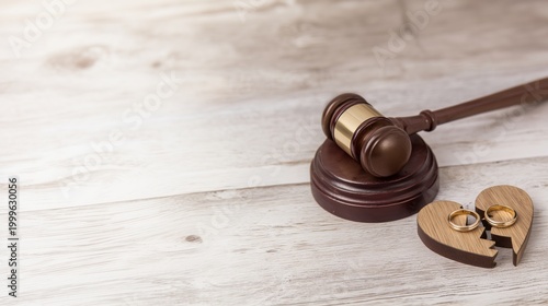A judge's gavel is placed near a broken wooden heart split into two pieces with two gold wedding rings, symbolizing divorce and separation, a legal concept.