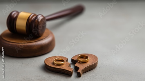 A judge's gavel is placed near a broken wooden heart split into two pieces with two gold wedding rings, symbolizing divorce and separation, a legal concept.