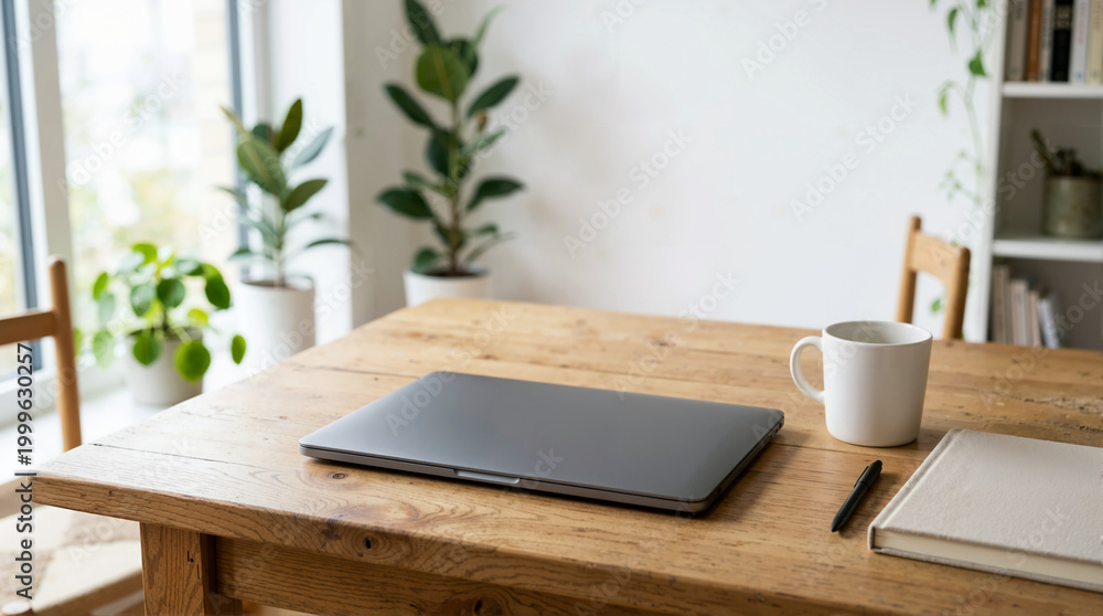Fototapeta premium Closed laptop on a wooden desk with a coffee mug and notebook. Clean and organized home office workspace. Minimalist interior background