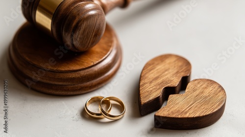 A judge's gavel is placed near a broken wooden heart split into two pieces with two gold wedding rings, symbolizing divorce and separation, a legal concept.