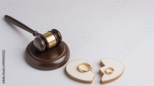 A judge's gavel is placed near a broken wooden heart split into two pieces with two gold wedding rings, symbolizing divorce and separation, a legal concept.