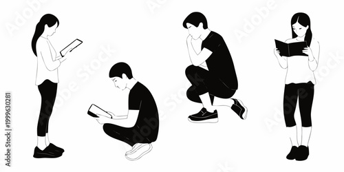 seated people monochrome silhouettes five figures on white background