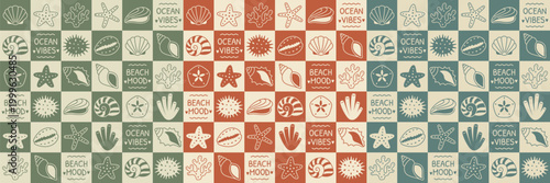 Seamless coastal ocean pattern with shells starfish coral marine icons colorful tile background beach mood ocean vibes retro summer wallpaper nautical repeat design texture
