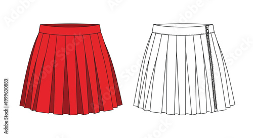 Pleated skirt fashion design red and white line art