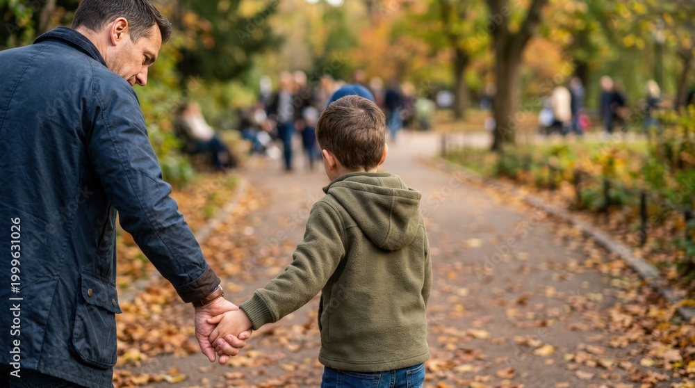 Fototapeta premium Father holding his son's hand while they walk through autumn park