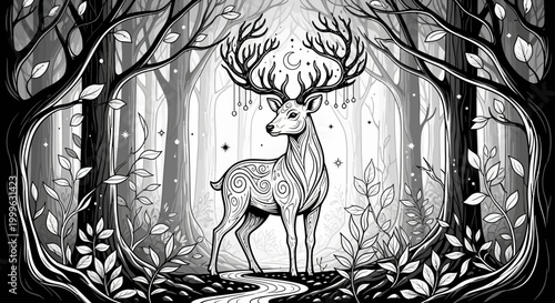 Intricate black and white illustration of a mystical deer with ornate antlers in an enchanted forest setting, fantasy art.