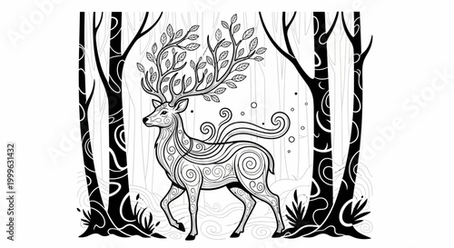 Enchanting deer with elaborate leafy antlers and decorative swirls in a mystical forest, black and white vector illustration.