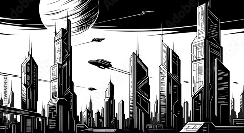 Monochrome sci-fi futuristic city skyline with towering skyscrapers, flying vehicles, and a large planet in a dark sky.
