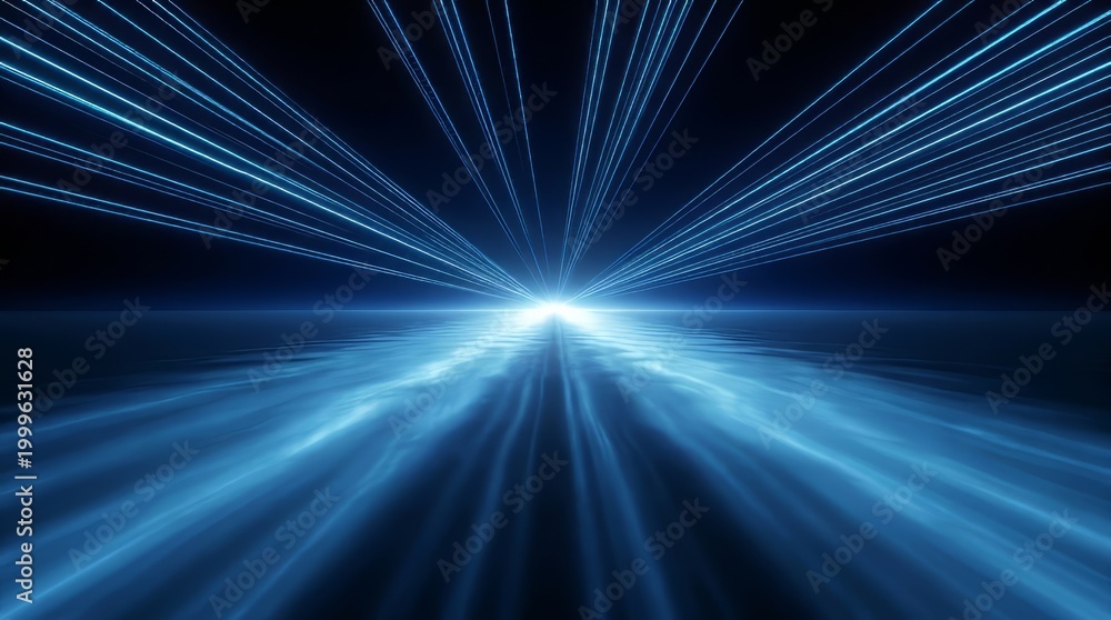Fototapeta premium Abstract background with glowing blue light rays and energy streaks moving towards a bright horizon in deep space