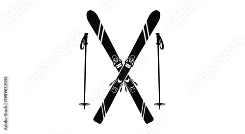 Crossed skis and poles silhouette on white background