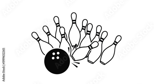 Bowling pins and ball black and white line drawing