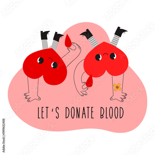 Foto Two cheerful heart characters doing handstands with blood drops hand drawn illus