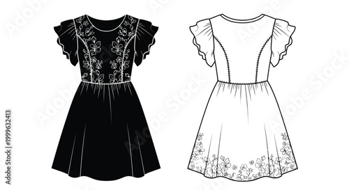 Floral dress design black and white line drawing