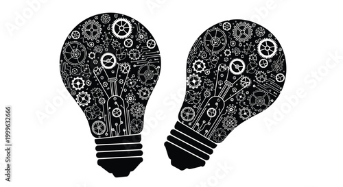 Light bulb silhouettes filled with gears and mechanical elements
