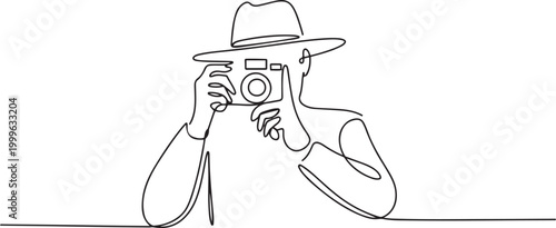 continuous line design of man in hat taking photo. one line Icon drawing