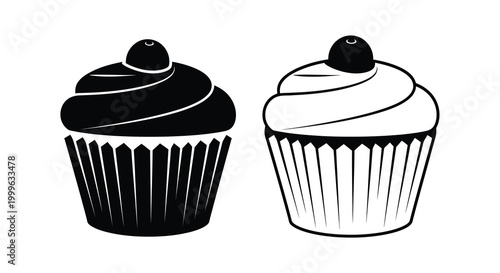 Cupcake silhouettes black and white isolated on white background