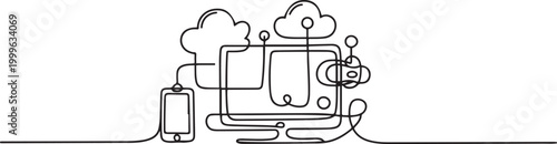 One continuous line drawing of Information technology concept. Doodle vector illustration in simple linear style. one line Icon drawing