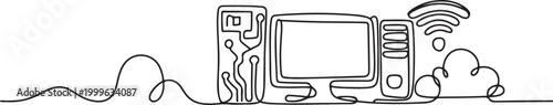 One continuous line drawing of Information technology concept. Doodle vector illustration in simple linear style. one line Icon drawing