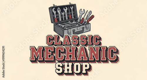 Classic Mechanic Shop Vintage Logo with Tools and Toolbox - Retro Style