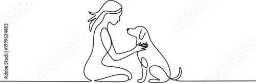 Woman with dog one line drawing on white isolated. one line Icon drawing