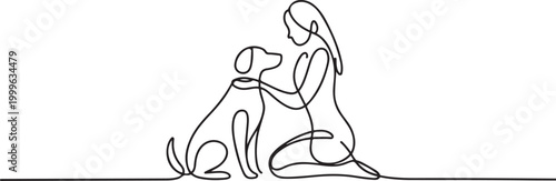 Woman with dog one line drawing on white isolated. one line Icon drawing