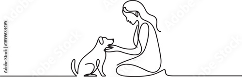 Woman with dog one line drawing on white isolated. one line Icon drawing