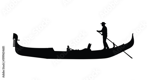 Gondola silhouette with gondolier on white background