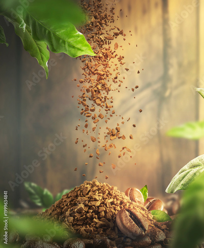 Quadro su tela Falling instant coffee granules pouring onto pile with roasted beans and leaves on wooden background