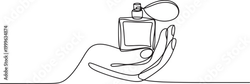continuous line of hand holding perfume illustration. one line Icon drawing