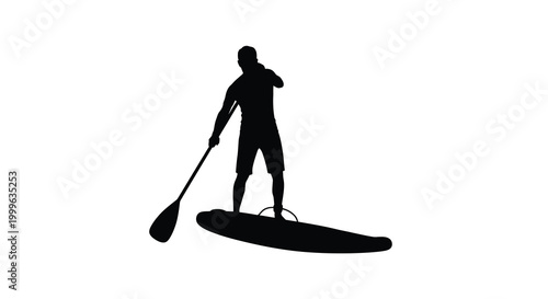 Silhouette of a man paddleboarding on a surfboard isolated on white