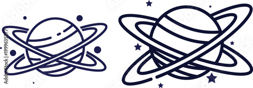 Whimsical space illustration two planets with rings and sparkling stars