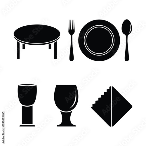 Dining icons table plate fork spoon glass napkin for food beverage restaurant home meal