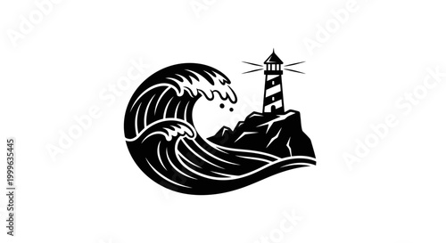 Black and white lighthouse on rocky coastline with large wave.