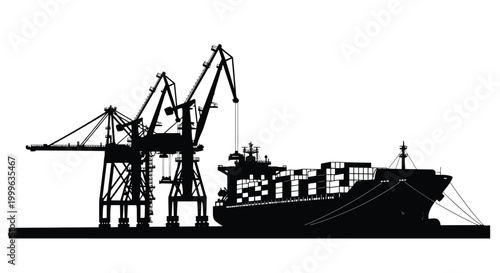 Port silhouette with container ship and cranes on white background
