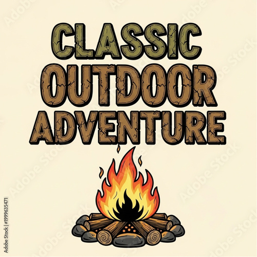 Classic Outdoor Adventure Bonfire Illustration - Vintage Style Camping Text